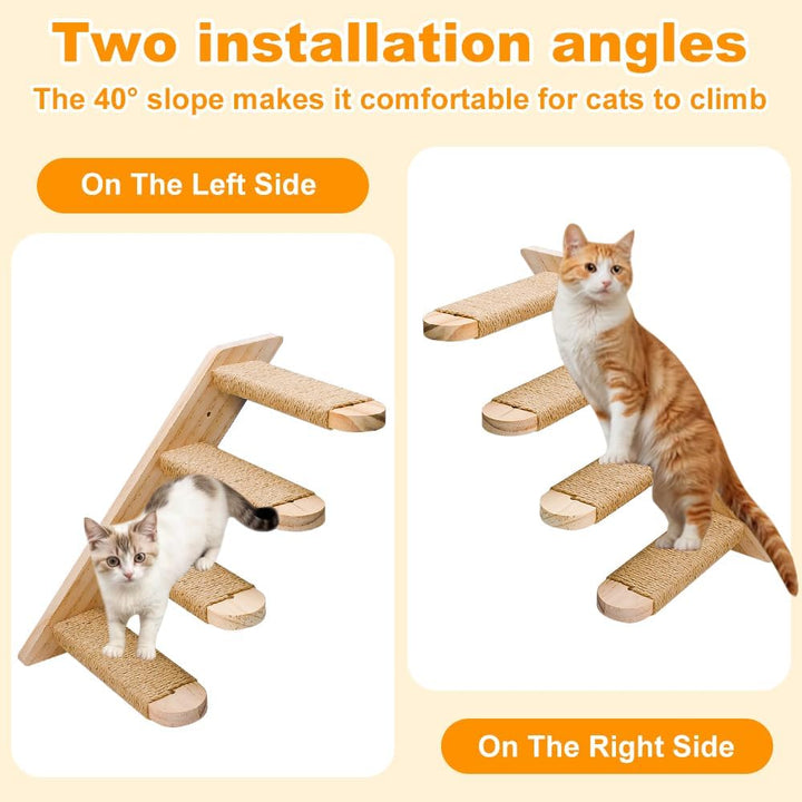 Katzentreppe Kletterwand Holz 4 Stufen Katzenleiter mit Juteseil &amp; Spielangel bis 15kg Traglast für