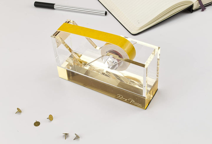 Dany Marcus Klebebandabroller, eleganter, grosser Tischabroller aus transparentem Acryl mit Gold