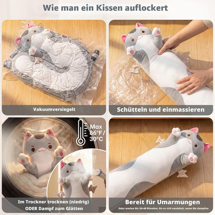 Mewaii Stofftiere Katzen Grau 110CM Plüsch Kissen Lang Kätzchen Plüschtier Ausgestopftes Tier Spielz