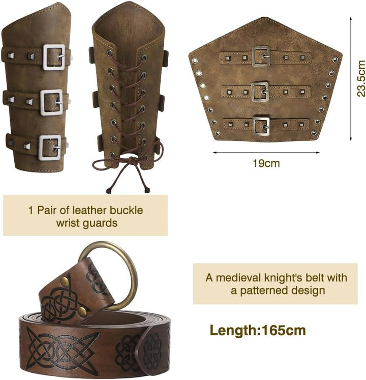 Herren Renaissance Kostüm 5PCS Mittelalter Retro Viking Langarm Shirts, Knöchel Gebänderte Hosen, PU