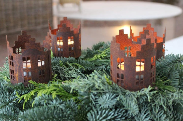 LB H&F 4er Set Adventskranzstecker HÄUSER Deko Kerzenhalter Advent Rost Metall Weihnachten KERZENSTE