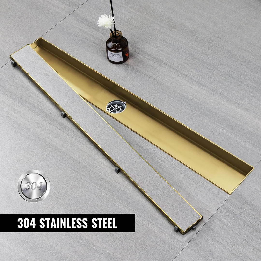 Duschrinne 50 cm, Gold Befliesbar Duschrinne extra flach, Edelstahl Bodenablauf Komplettset mit 360°