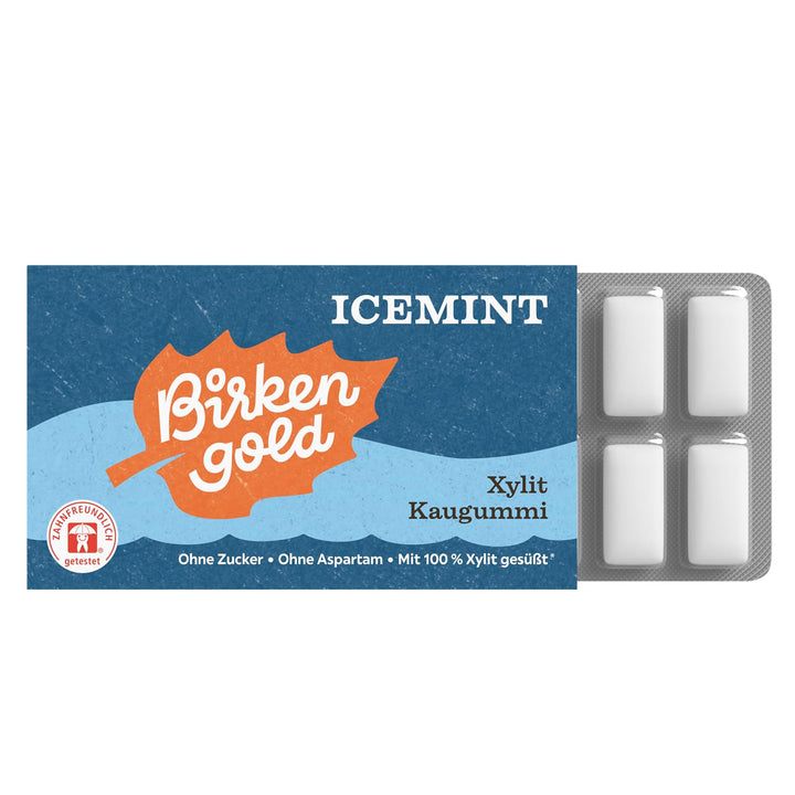 Birkengold Xylit Kaugummi Icemint | 24 Stk. Blister | Zahnpflege-Kaugummi | zuckerfrei | hoher Xylit