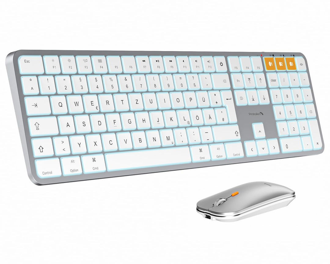 ProtoArc KM100-A Beleuchtet Tastatur Maus Set Kabellos für Mac, Bluetooth QWERTZ Funk Tastatur mit M