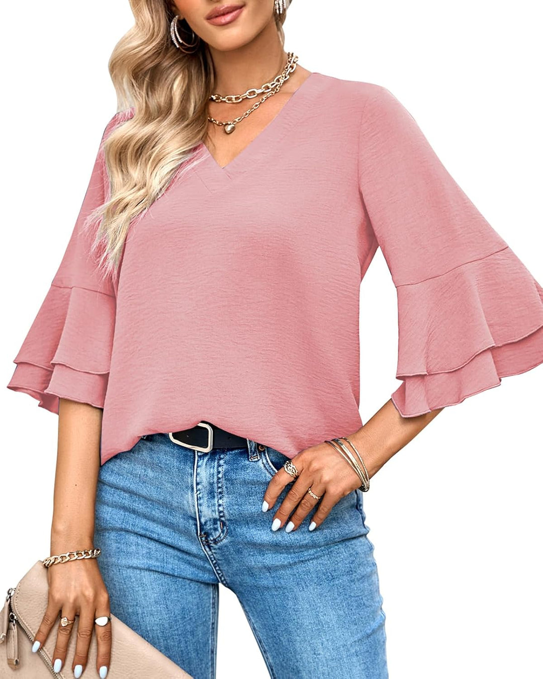 Tanmolo Damen Bluse Elegant V-Ausschnitt 3/4 Ärmel Lässige Blusen mit Rüschenärmel Tunika Tops Altro