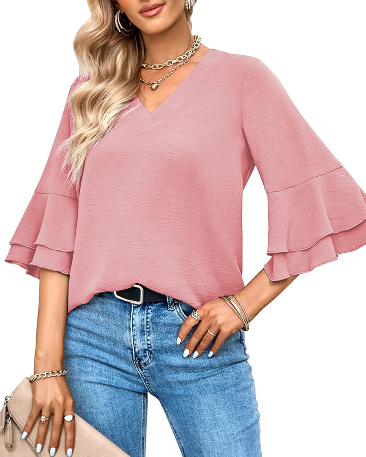 Tanmolo Damen Bluse Elegant V-Ausschnitt 3/4 Ärmel Lässige Blusen mit Rüschenärmel Tunika Tops Altro