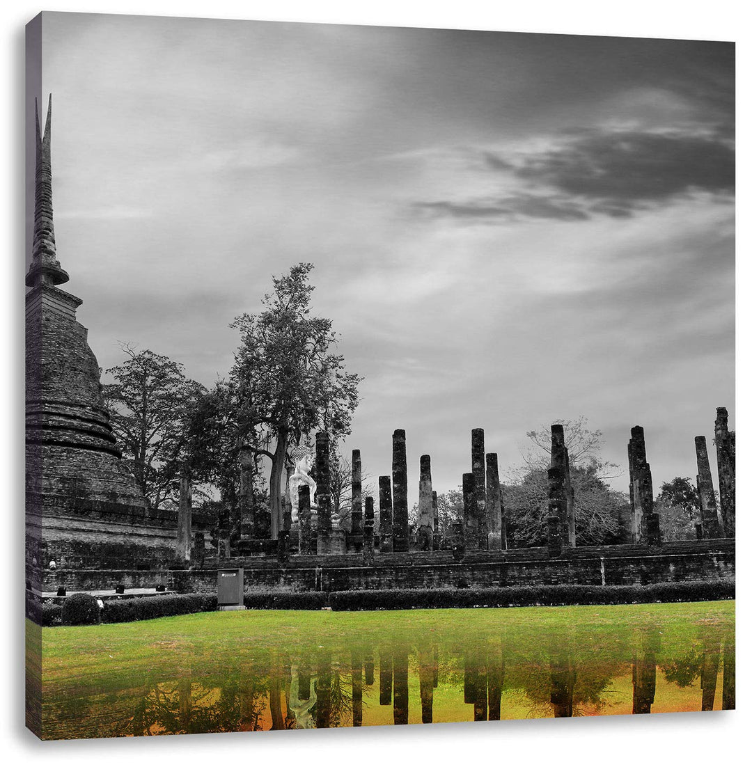 Pixxprint atemberaubender Buddha Tempel schwarz/weiss, Format: 70x70 auf Leinwand, 70x70
