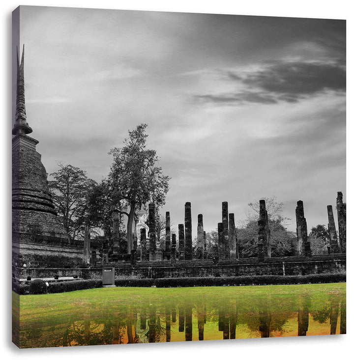 Pixxprint atemberaubender Buddha Tempel schwarz/weiss, Format: 70x70 auf Leinwand, 70x70