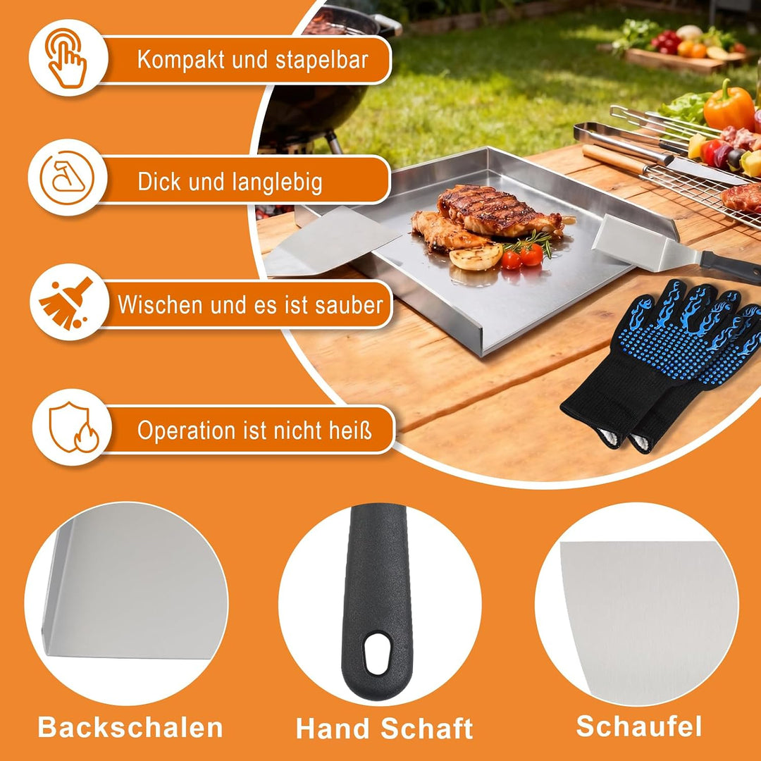 40x30cm Rostfreiem Edelstahl Grillplatte, 2mm Dicke Plancha Grillplatte Mit 2 Grillspachtel und Hoch