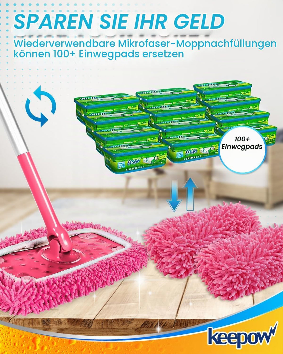 KEEPOW 6 Wiederverwendbare Mikrofaser für Swiffer Bodenwischer Pink, Waschbar &amp; Fusselfrei für Swiff