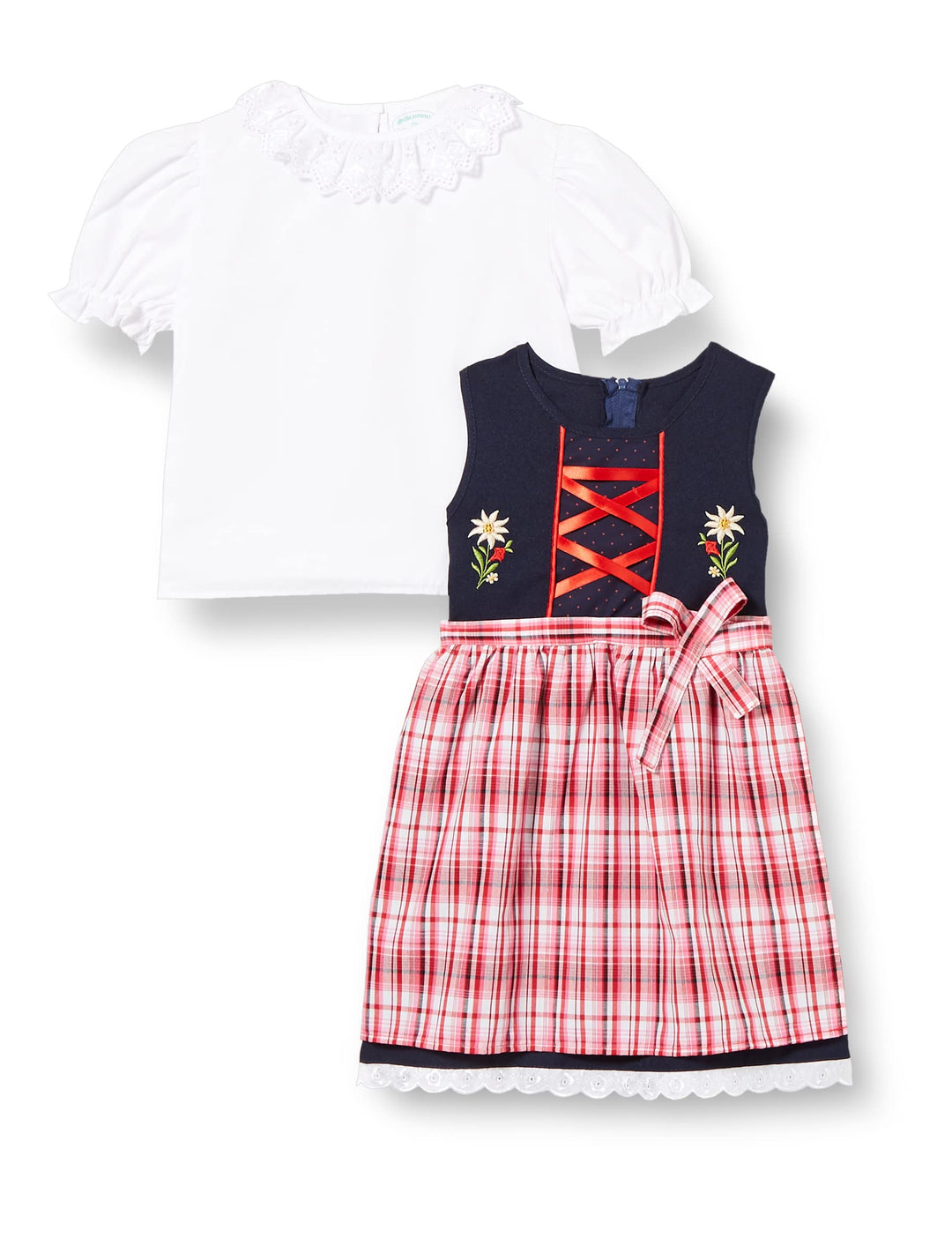 Schrammel Blumenrankerl Schürze Festliches Kinderdirndl Edelstickerei 110-116 Blau-rotkaro, 110-116