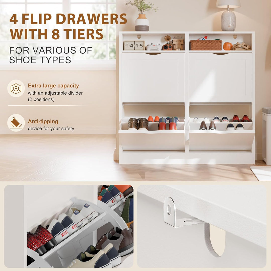 ELUCHANG Schuhschrank schmal mit 4 Klappen / 8 Ablagen, Platzsparender Schuhkipper Schuhkommode, Ges