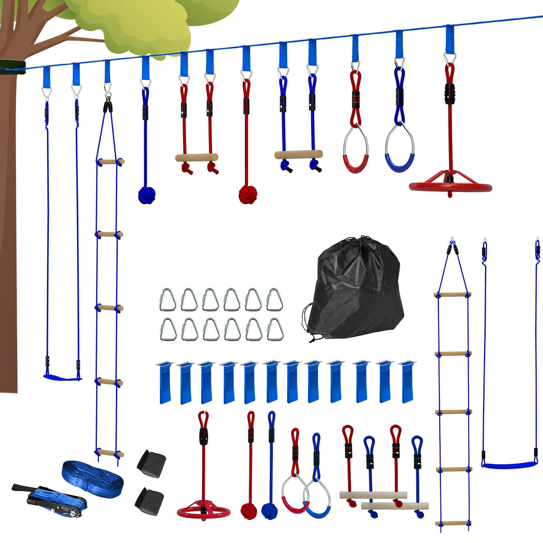 AIYAPLAY Ninja Line Kinder 10m Slackline Set mit Turnringe, Schaukel, Kletterleiter, Baumschutz, Kle