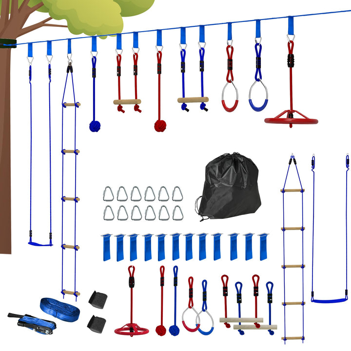 AIYAPLAY Ninja Line Kinder 10m Slackline Set mit Turnringe, Schaukel, Kletterleiter, Baumschutz, Kle