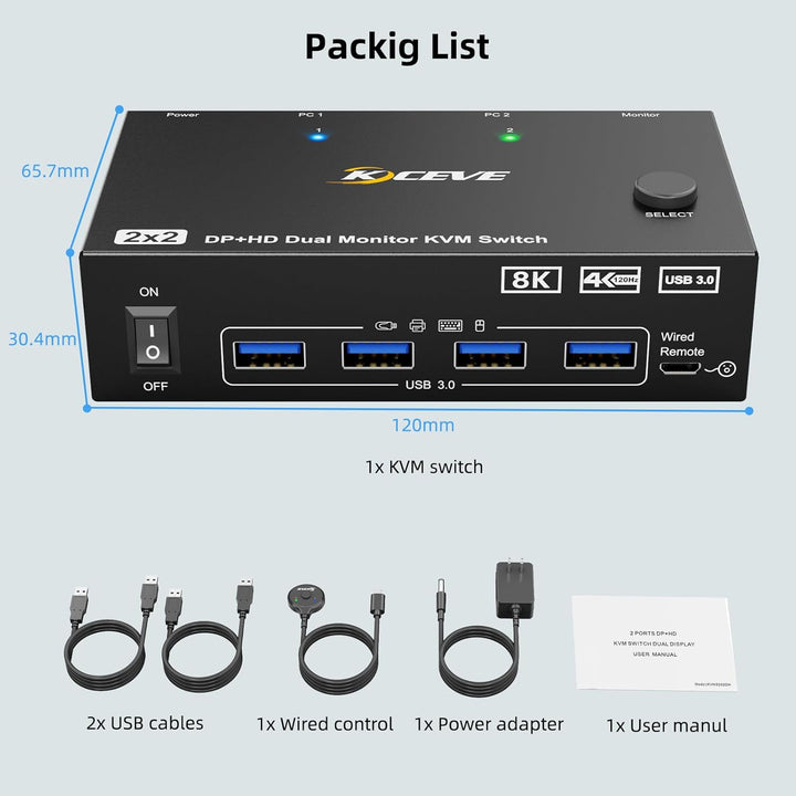 KVM Switch 2 PC 2 Monitore 8K, Displayport + HDMI USB 3.0 KVM Umschalter für zwei Monitore, Unterstü