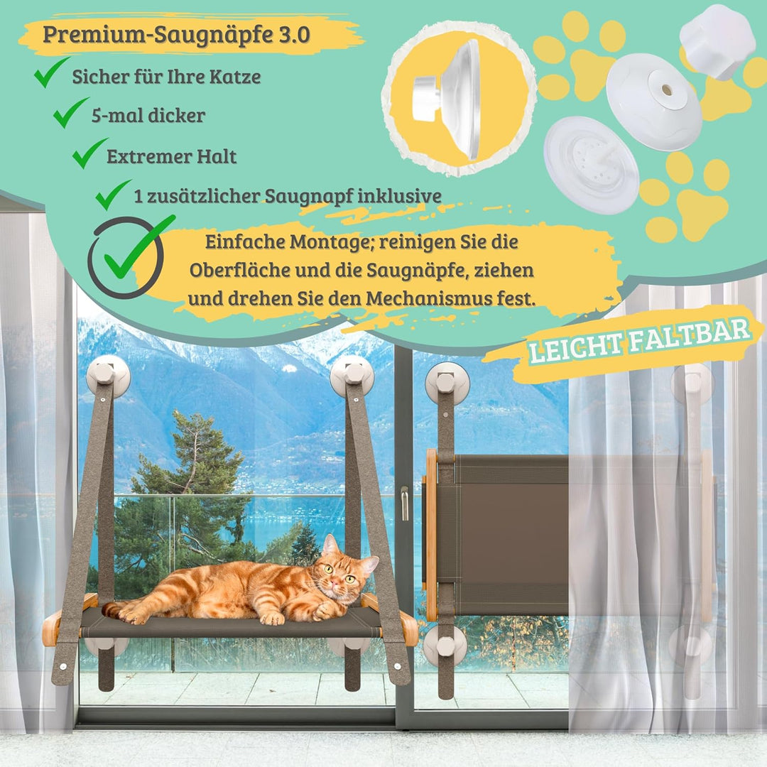 Katzenhängematte/Fensterliege für Katzen aus massivem Bambus–Katzenliege Fenster mit atmungsaktivem