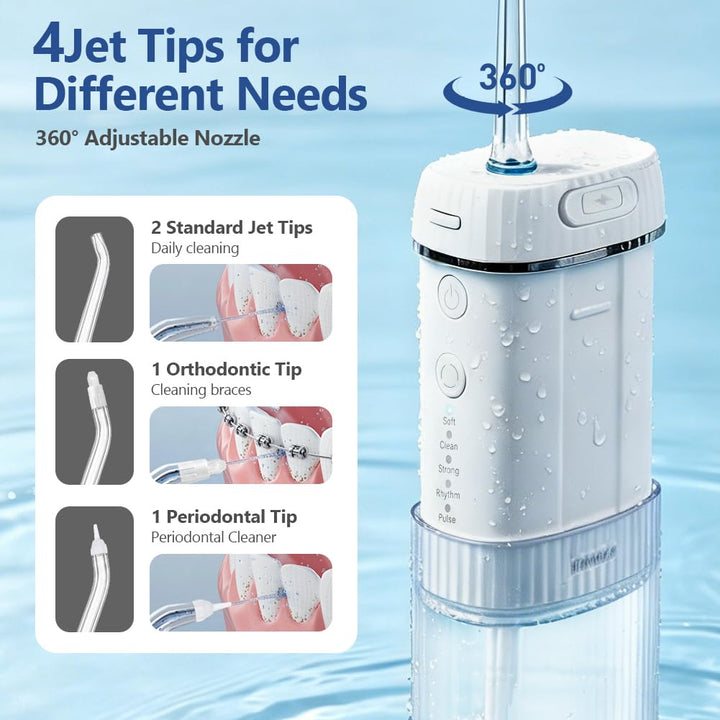 Reise Munddusche Kabellos Elektrisch, Tragbare Water Flosser | mit 175ml Tank 5 Modi, 4 Düsen; IPX7