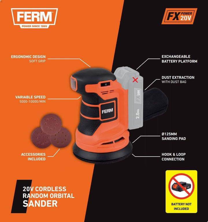 FERM Akku-Exzenterschleifer 20V – 125 mm Schleifplatte, 6-stufige Drehzahlregelung 5.000–10.000 U/mi