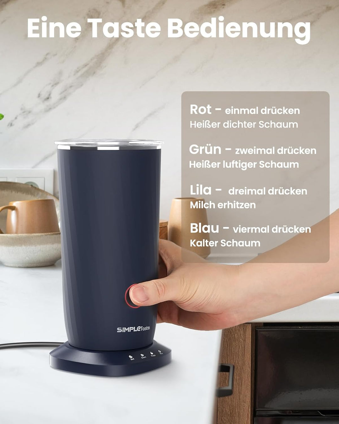 SIMPLETASTE Milchaufschäumer Elektrisch 4-in-1, Heisser & kalter Milchschaum, Milch erwärmen & Kakao