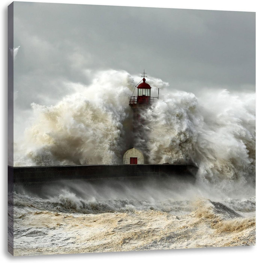 Leuchtturm im Sturm, Format: 70x70 auf Leinwand, XXL riesige Bilder fertig gerahmt mit Keilrahmen, K