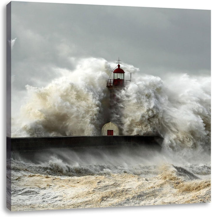 Leuchtturm im Sturm, Format: 70x70 auf Leinwand, XXL riesige Bilder fertig gerahmt mit Keilrahmen, K