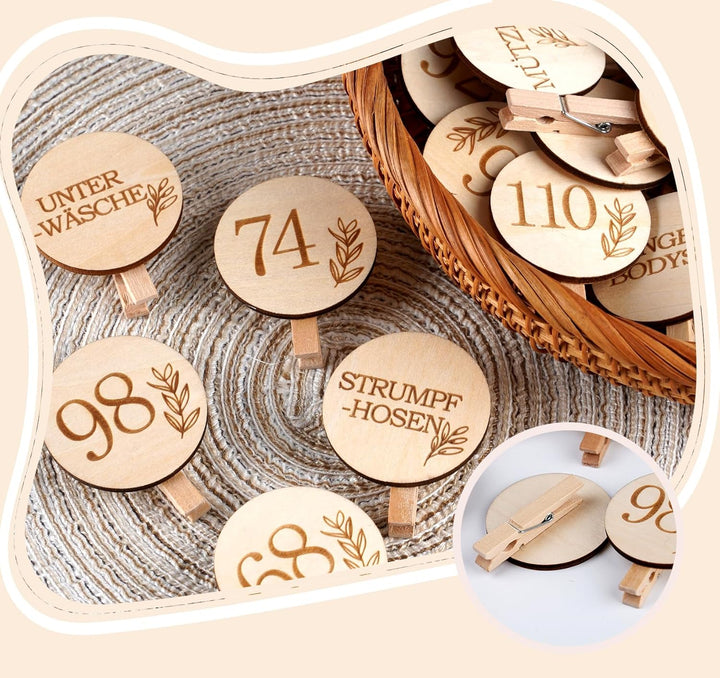 HOUISM Grössentrenner Baby & Kleider Organizer aus Holz | 27 Stück Grössenclips mit Gravur (50-122)
