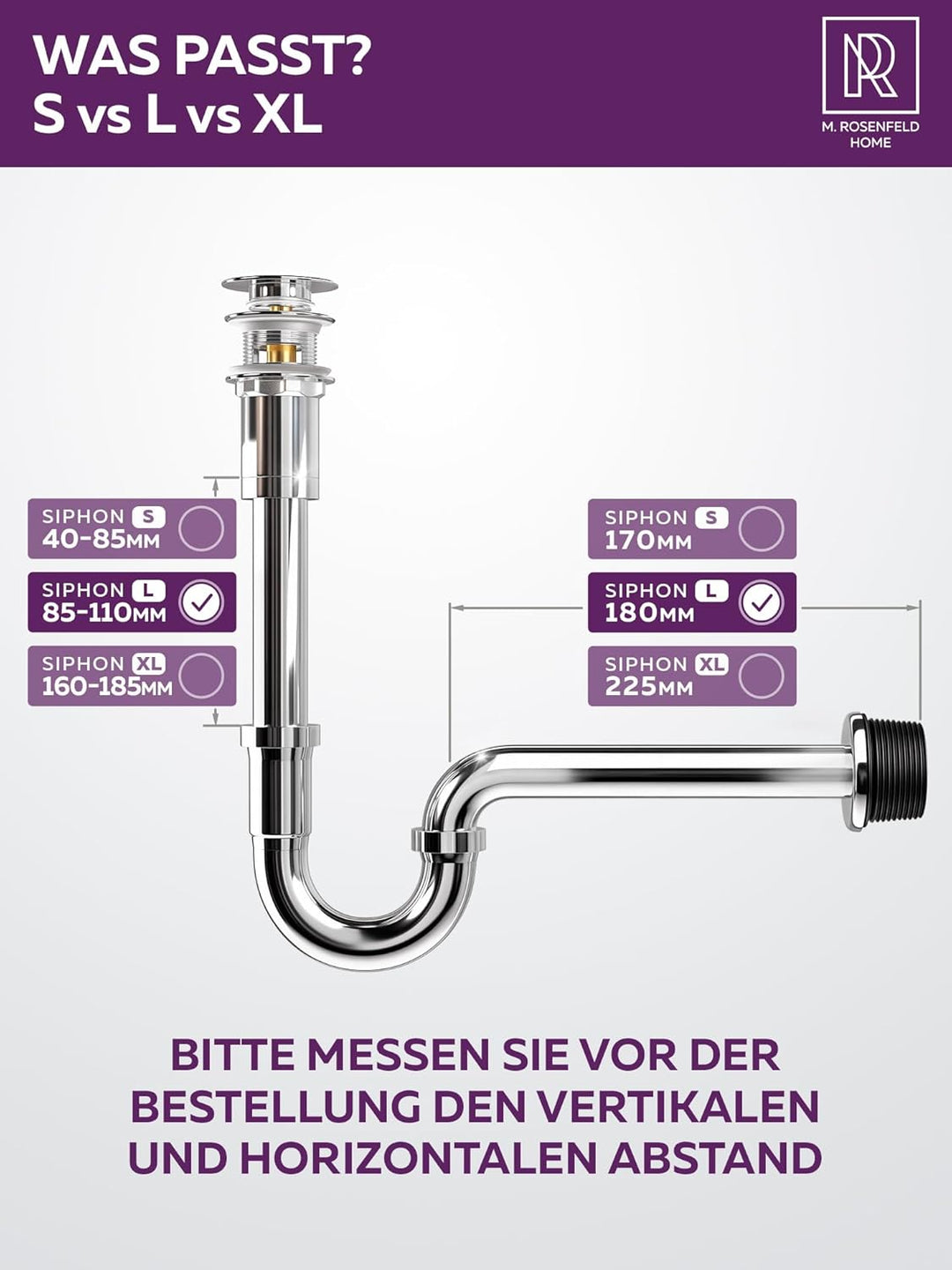 Siphon Waschbecken 1 1/4" Grösse L – Höhenverstellbarer Röhrensiphon 85–110 mm – Edelstahl Geruchsve