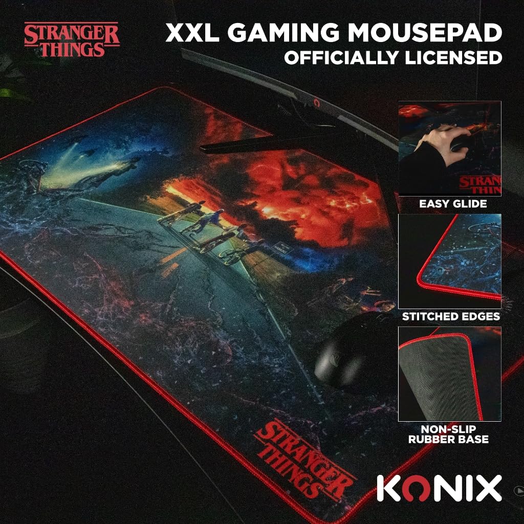 Konix Stranger Things XXL Gaming-Mauspad 90 x 46 cm - rutschfeste Mikrofaser-Oberfläche - Gummi - Me