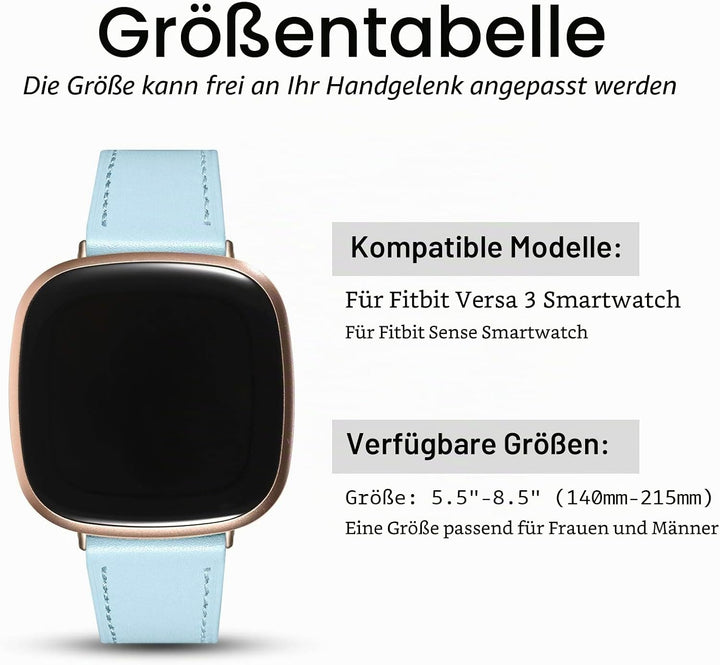 CeMiKa Leder Armband Kompatibel mit Fitbit Sense/Fitbit Versa 3 Armband, Original Lederband Ersatzba