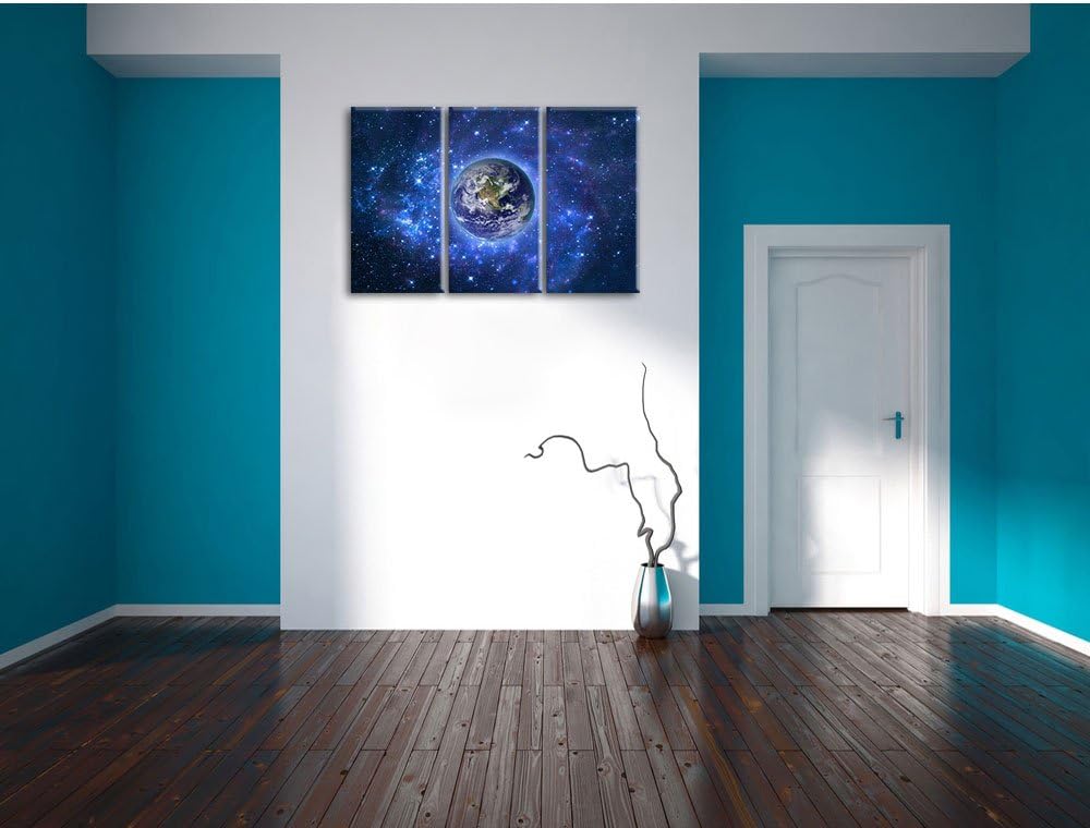 Pixxprint Planet Erde im Weltraum als Leinwandbild | Grösse: 3 Teilig (120x80) | Wandbild| Kunstdruc