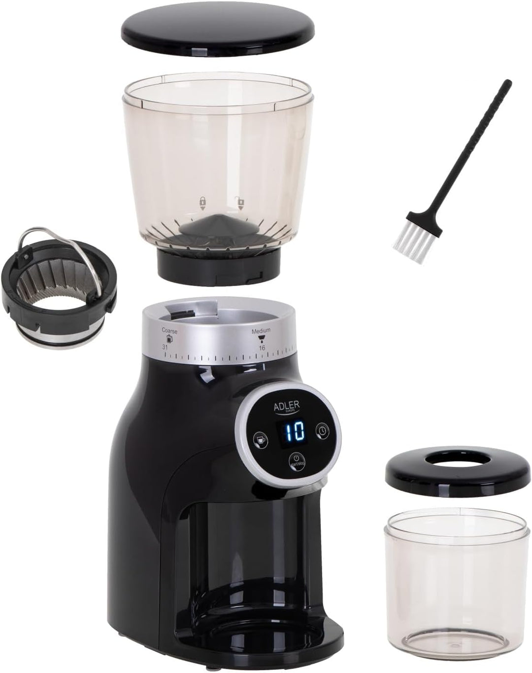 Adler AD 4450 Burr Kaffeemühle 300 W Schwarz 31 Mahlstufen Mahlwerk für Kaffeebohnen