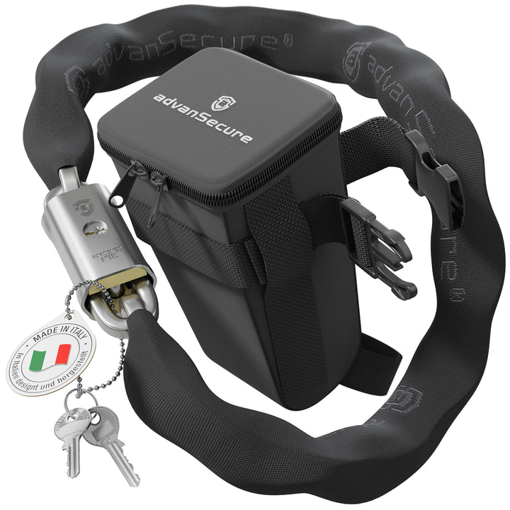 advanSecure® Hochsicherheits-Kettenschloss mit Satteltasche | optimal für Fahrrad und E-Bike | max.