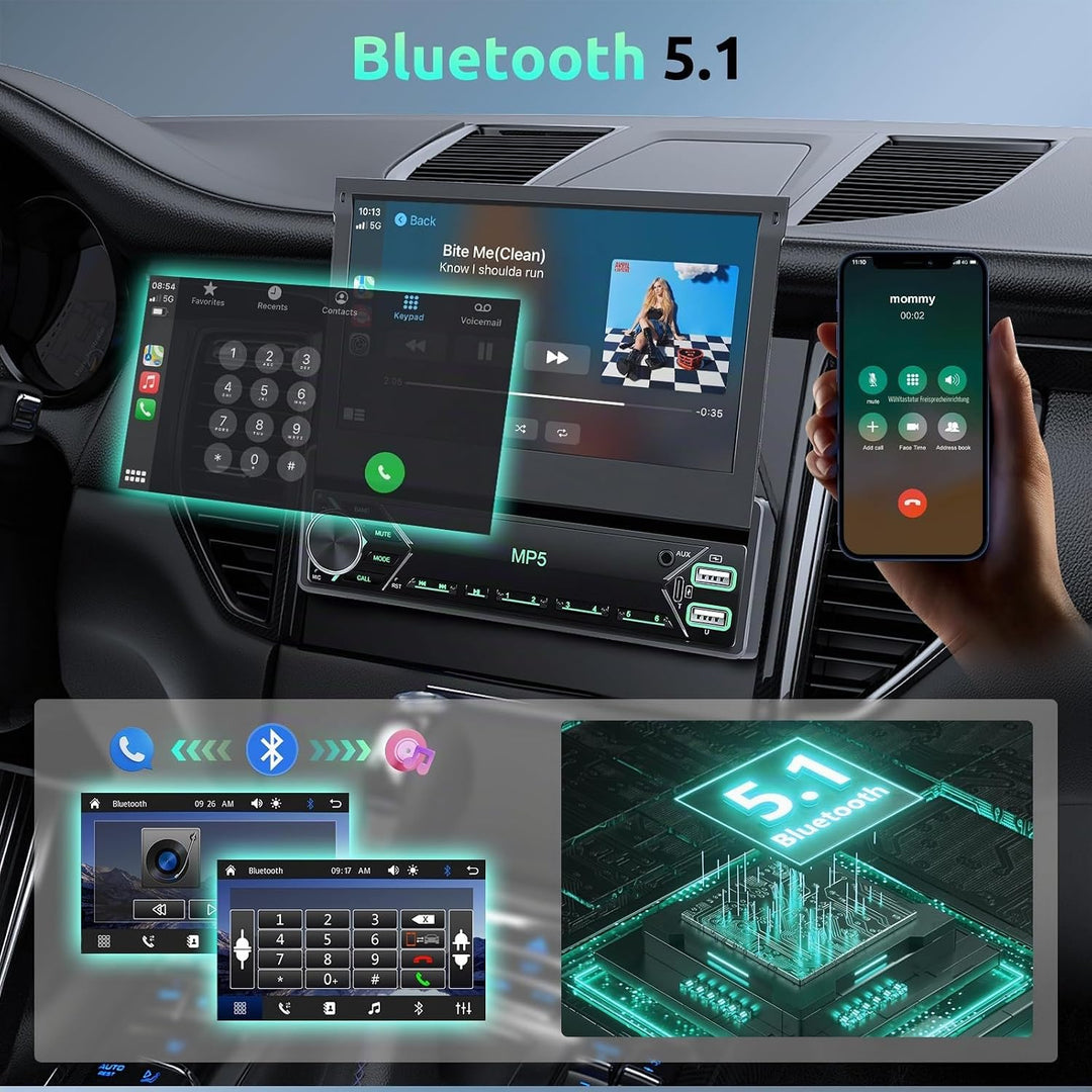 Autoradio 1 Din mit Drahtlos Carplay Android Auto, 7 Zoll IPS HD Manueller Flip Touchscreen Autoradi