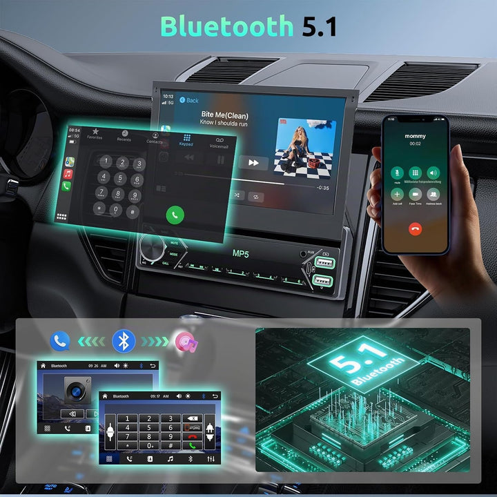 Autoradio 1 Din mit Drahtlos Carplay Android Auto, 7 Zoll IPS HD Manueller Flip Touchscreen Autoradi