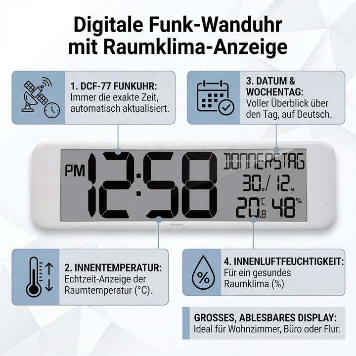 Technoline WS8120 - XXL Funkwanduhr digital, Temperatur- und Luftfeuchteanzeige, 44 cm