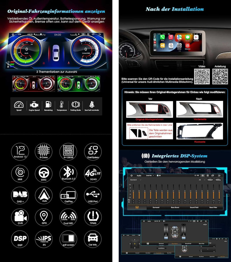Erisin 10,25" 4GB+64GB Android 12 Autoradio Bluetooth mit GPS Navigation IPS Bildschirm Für Audi A4