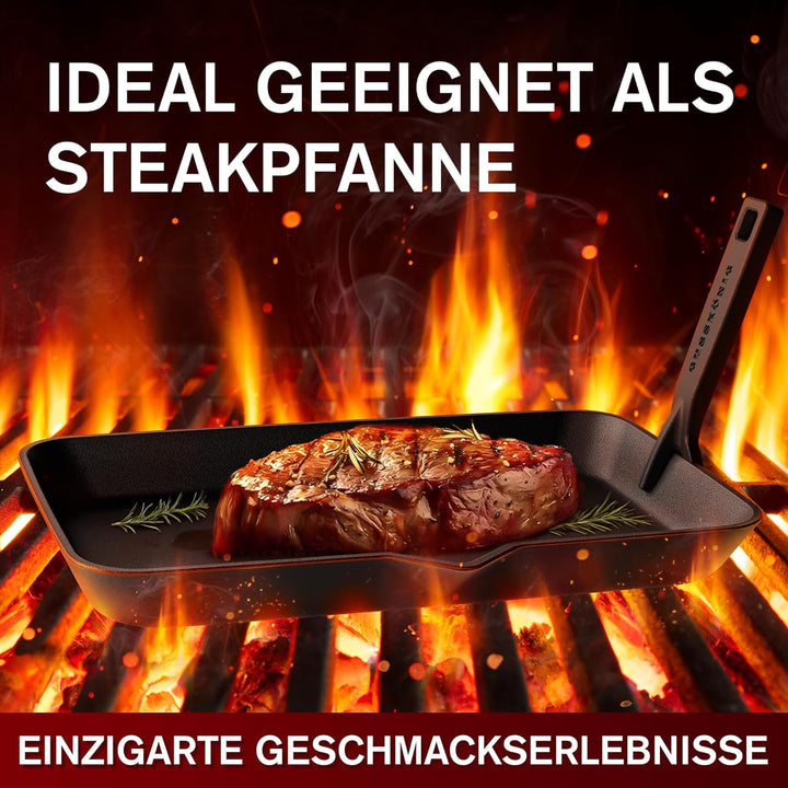 GUSSKÖNIG Fajita-Pfanne aus Gusseisen inkl. Sossenschale &amp; Servierbrett aus Akazienholz - Gusseisen