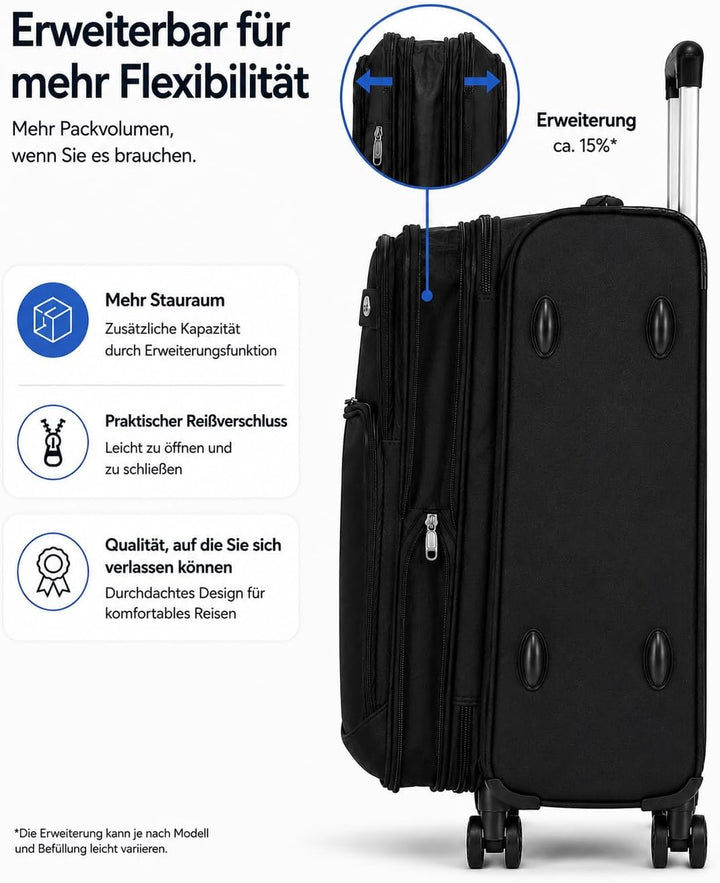 BEIBYE Kofferset Trolley Gepäckset Stoff Dehnungsfuge Koffer Reisekoffer (Schwarz)