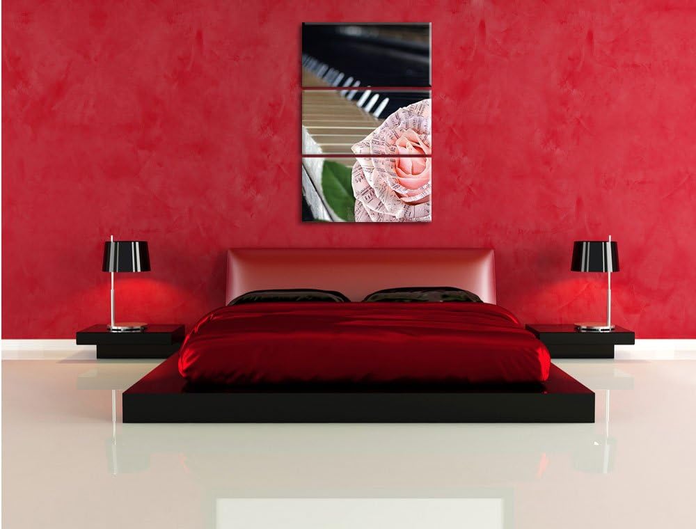 Pixxprint Noten auf zarter Rose neben Klavier 3-Teiler Leinwandbild 120x80 Bild auf Leinwand