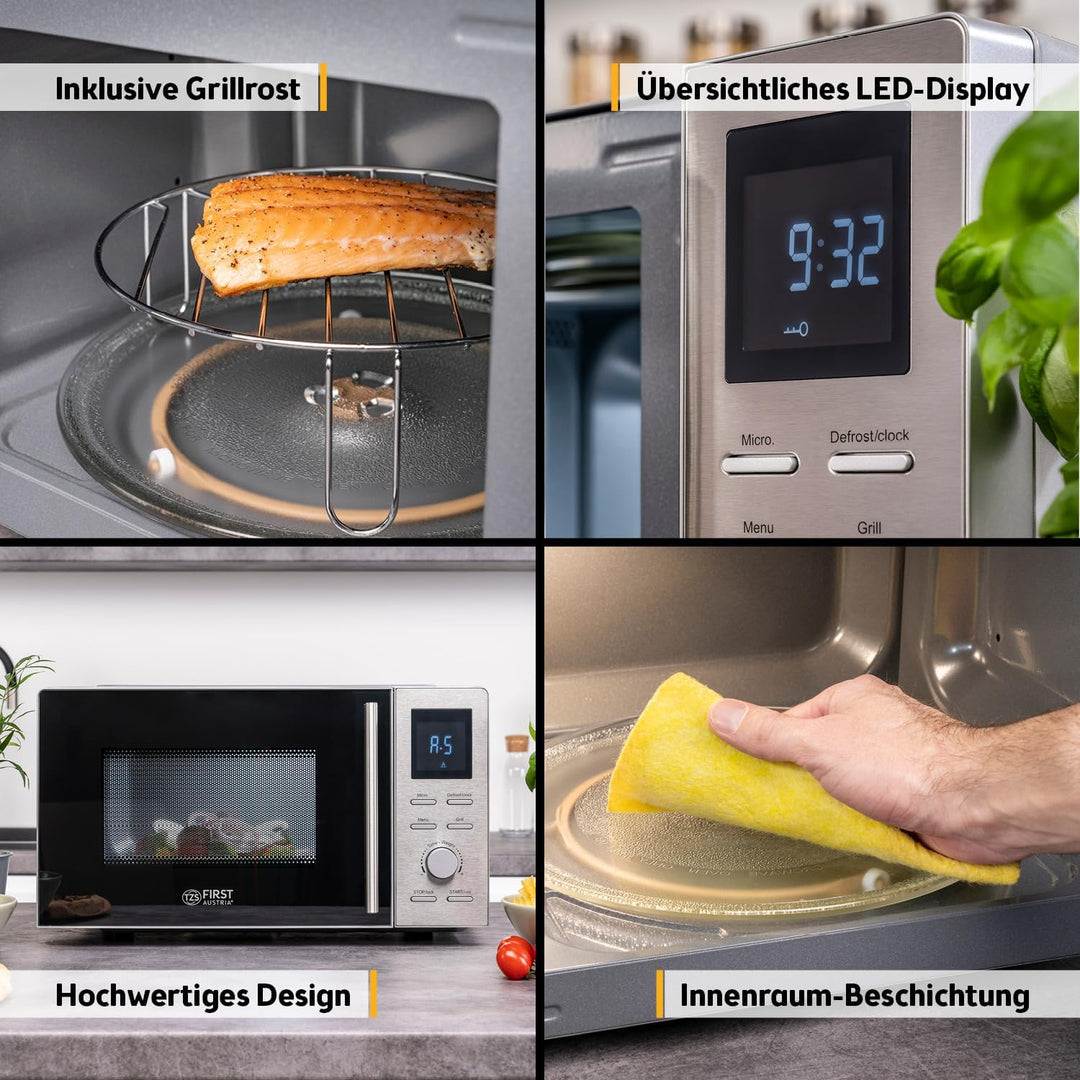 TZS First Austria 2-in-1 Mikrowelle mit Grill, 700W, 900W Grill, digital, 20L Kapazität, LED-Display