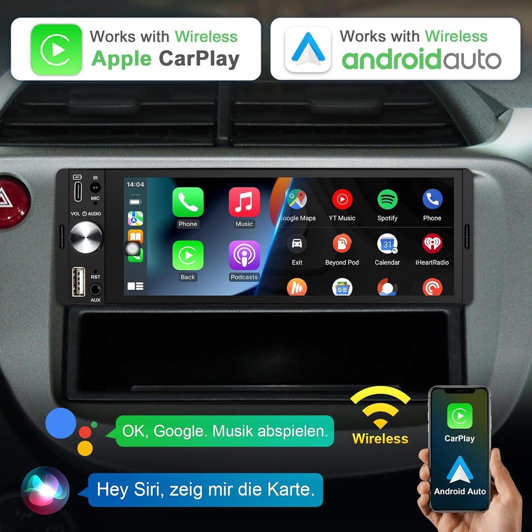 1 Din Autoradio mit Bildschirm Kompatibel mit Wireless CarPlay & Android Auto, 6,28 Zoll 1Din Car Ra