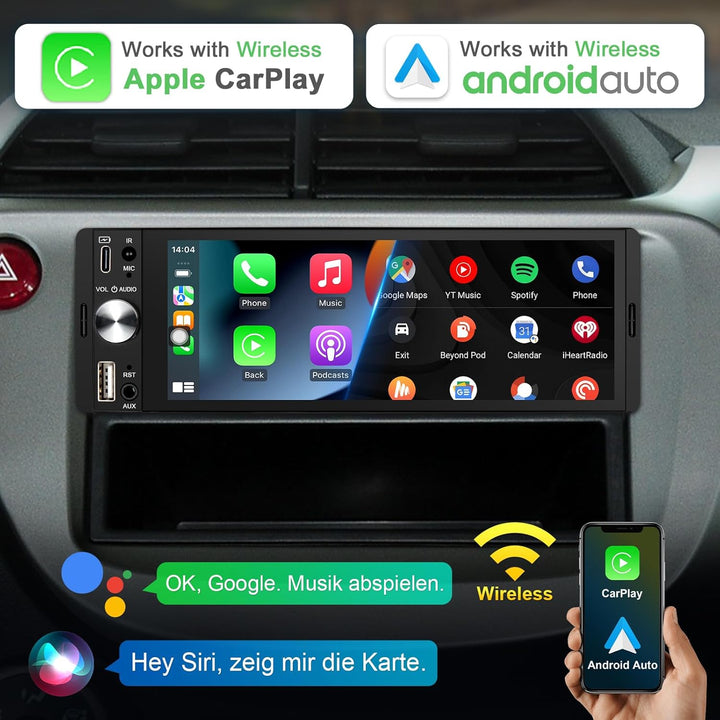 1 Din Autoradio mit Bildschirm Kompatibel mit Wireless CarPlay & Android Auto, 6,28 Zoll 1Din Car Ra