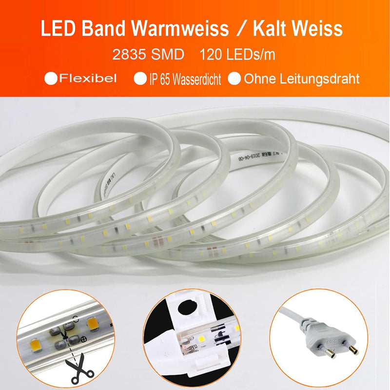 FOLGEMIR 8m Kalt Weiss LED Band ohne Leitungsdraht, 2835 SMD 120 Leds/m Strip, 220V 230V sehr helle