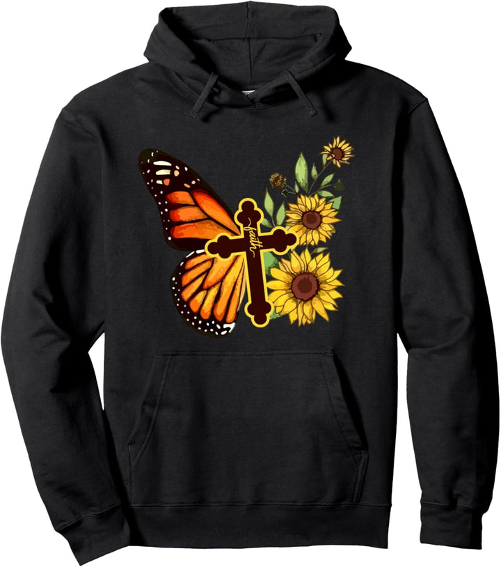Faith Cross Sunflower Butterfly Christian Vintage Pullover Hoodie