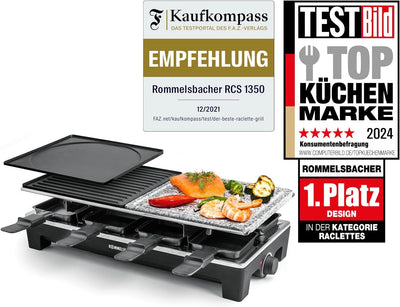 ROMMELSBACHER Raclette Grill RCS 1350 – 2 Wendegrillplatten, 1 Steingrillplatte, 8 Pfännchen, 8 Scha