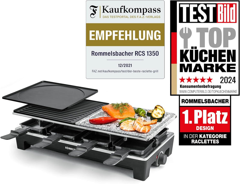 ROMMELSBACHER Raclette Grill RCS 1350 – 2 Wendegrillplatten, 1 Steingrillplatte, 8 Pfännchen, 8 Scha