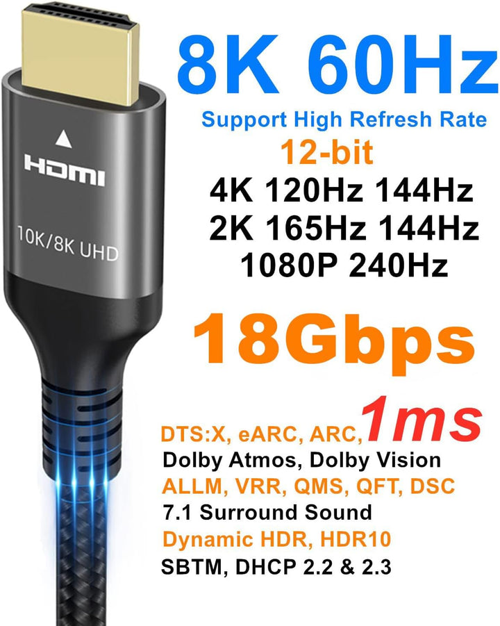 Ubluker 8K HDMI Kabel 10m, Nylon Geflochtenes High Speed HDMI® Kabel 4k 120Hz 2k 165Hz 8k 60Hz 12bit