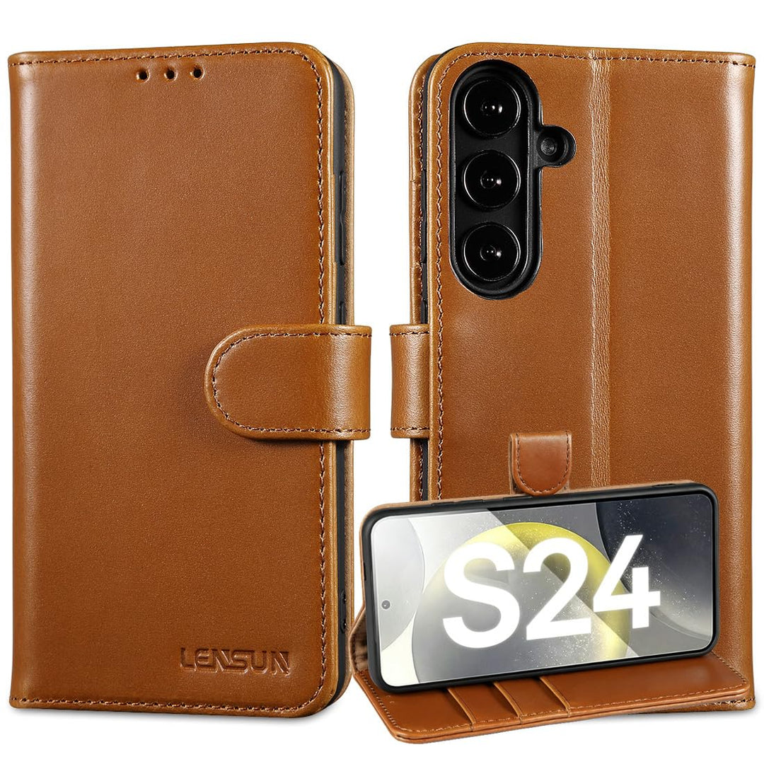 LENSUN Lederhülle für Samsung Galaxy S24, Echtleder Hülle [Standfunktion][RFID Blocker][Premium Echt