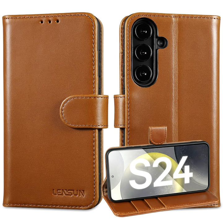 LENSUN Lederhülle für Samsung Galaxy S24, Echtleder Hülle [Standfunktion][RFID Blocker][Premium Echt