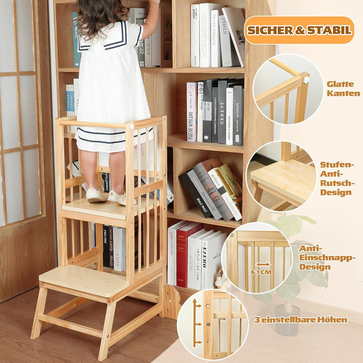 Toddler Tower Kleinkind-Turm, Tritthocker Lernhocker mit Maltafel, Sicherheitszaun & Kippschutz aus